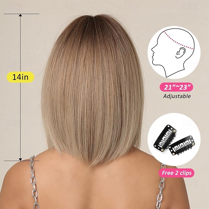 Ombre Blonde Bob Wig With Bangs Short Straight Wig For Women Synthetic Hair Wigs for Daily Party Cosplay Wear4