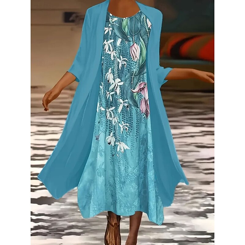 Women's Dress Set Summer Dress Casual Semi Formal Floral Graphic Print Midi Dress 3/4 Length Sleeve Crew Neck Daily Holiday Blue Purple Summer Spring Loose Fit