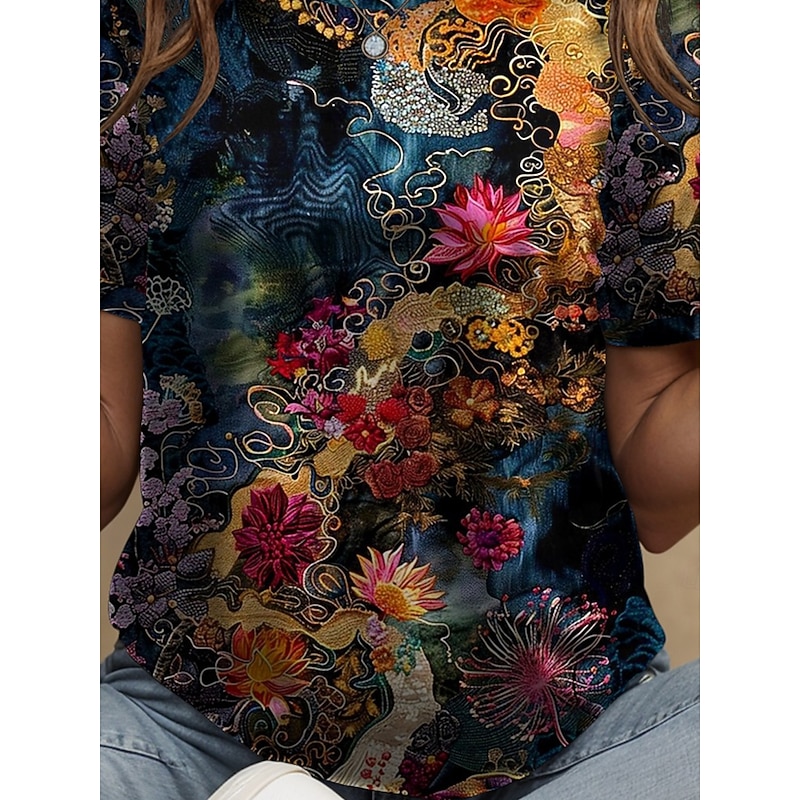 Women's T Shirt Floral Graphic Plants Bohemia Vintage Stylish Short Sleeve Crew Neck Round Neck Regular Tops Daily Going out Weekend Print Yellow Blue Purple Green Summer Spring3
