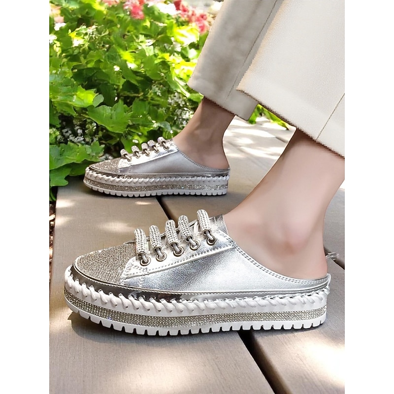 Women's Silver Metallic Slip-On Sneakers with Glitter Detailing, Casual Platform Shoes for Everyday Wear and Dates4