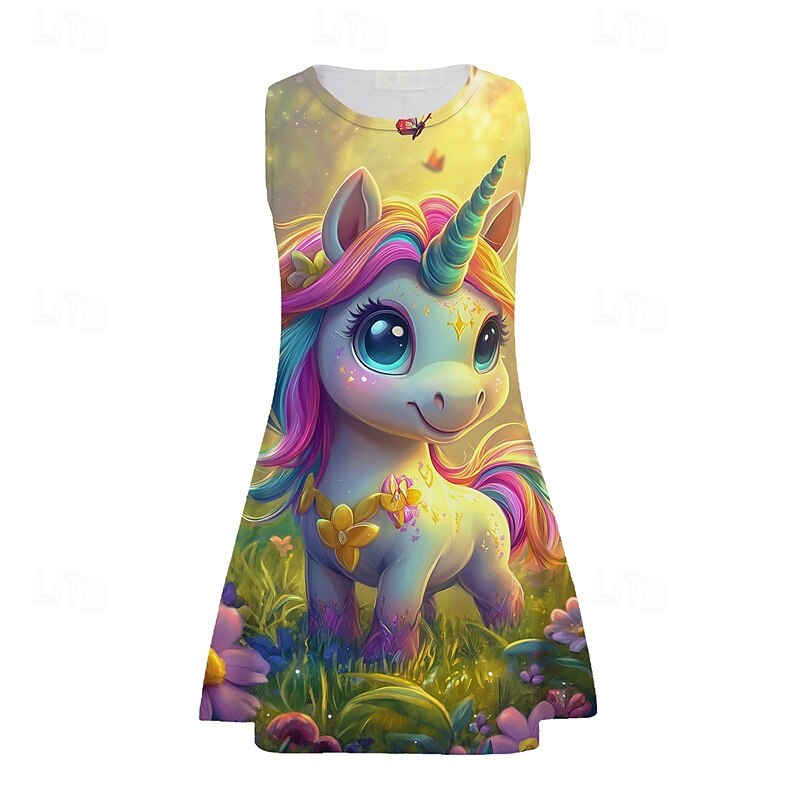 Girls' 3D Unicorn Dress Sleeveless Summer Spring Vacation Daily Holiday Princess Beautiful Sweet Kids 4-12 Years Casual Dress A Line Dress Knee-length Regular Fit - Main Image