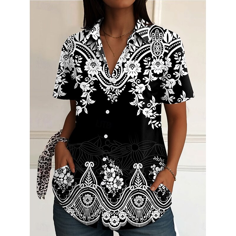Women's Shirt Long Sleeve Button Down Blouse Floral Graphic Vintage Daily Stylish Short Sleeve Shirt Collar Regular Tops Daily Black White Yellow Red Blue Summer Spring3
