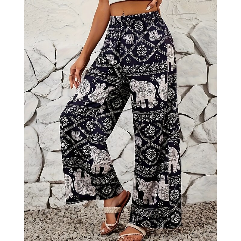 Women's Culottes Wide Leg Slacks Streetwear Boho Full Length Natural Flower Elastic Waist Printing Comfy Outdoor Outdoor Vacation Daily Black Summer Regular Fit