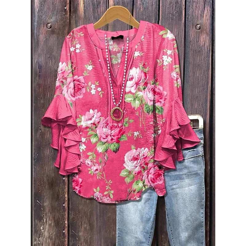 Women's Blouse V Neck Ombre Floral Graphic Elegant Bohemia Ethnic 3/4 Length Sleeve Regular Tops Daily Holiday Vacation Wear Ruffle Print White Yellow Light Green Purple Rose Pink Summer Spring Fall3