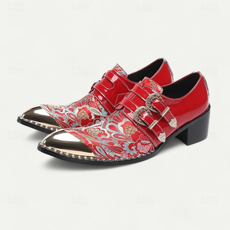 Men's Red and Gold Leather Dress Shoes with Gold Tip Double Buckle Detail–Stylish, Premium, Ideal for Formal Events, Parties  and Special Occasions2