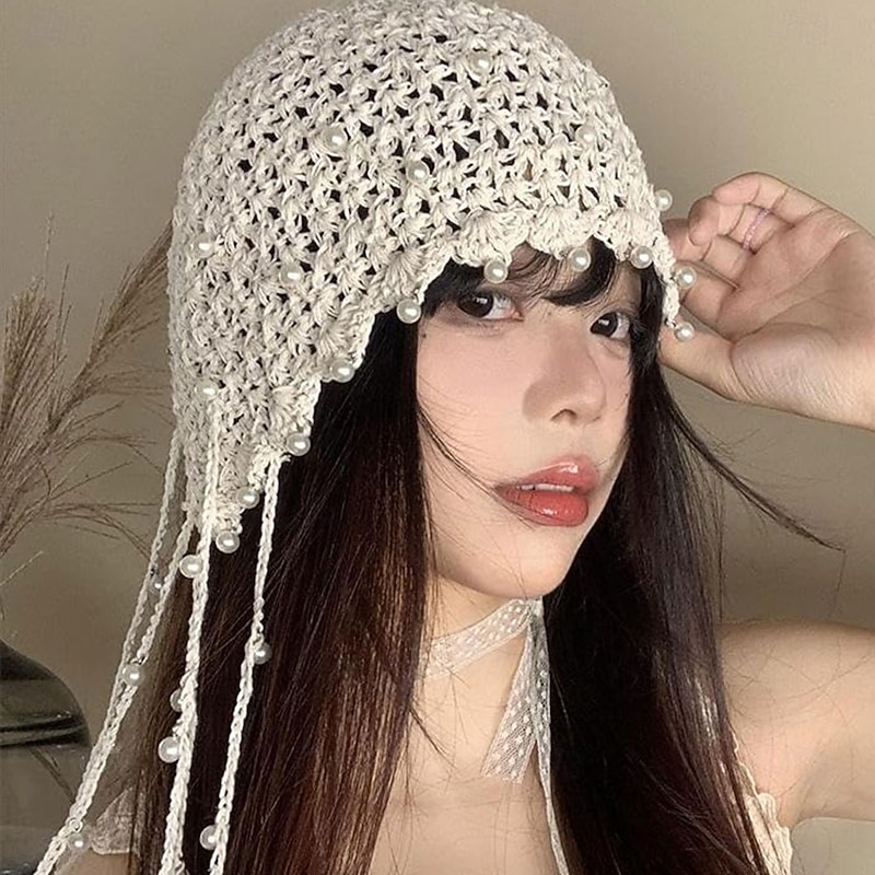 1pc Beige Color Retro Crochet Hollow Out Headband With Pearl And Tassel4