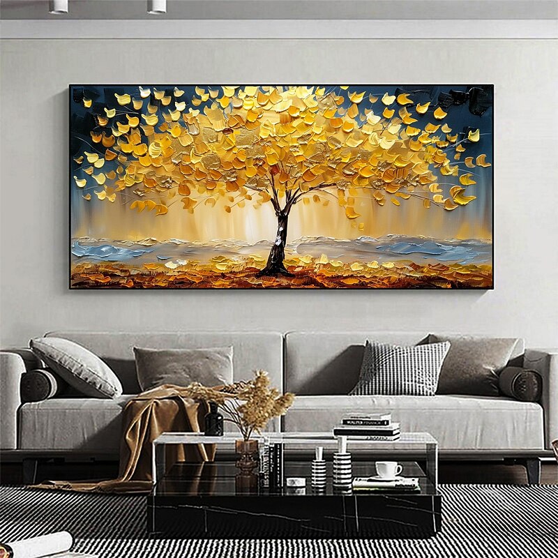 Handmade Original Golden Tree of Life Oil Painting On Canvas Abstract Tree Scenery Wall Art for Home Decor With Stretched Frame Without Inner Frame Painting