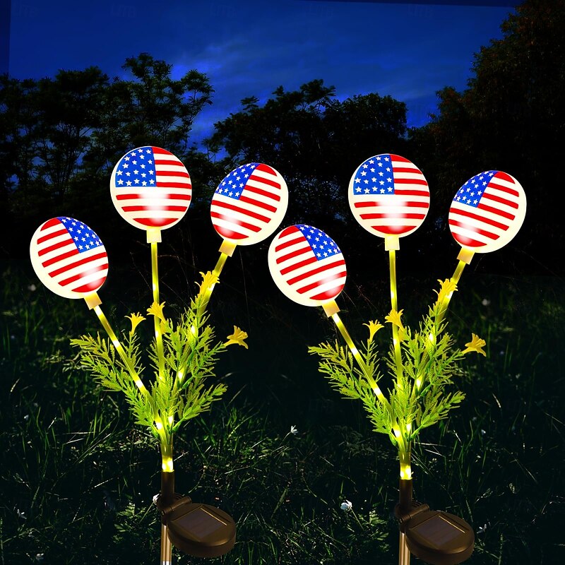 1 Pc Outdoor Waterproof Solar Powered US Flag Ground Insertion Light July 4th US Independence Day Memorial Day Garden Courtyard Lawn Path Tomb Decoration Light Garden Light 27 Bead Pole Shines3