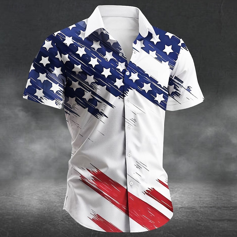 Independence Day Men's US Flag Patriotic Fourth of July Shirt Summer Shirt Button Up Shirt Short Sleeve Fashion Casual Holiday Festival Summer Spring Turndown 3D Print Collared Shirts White Blue Dark