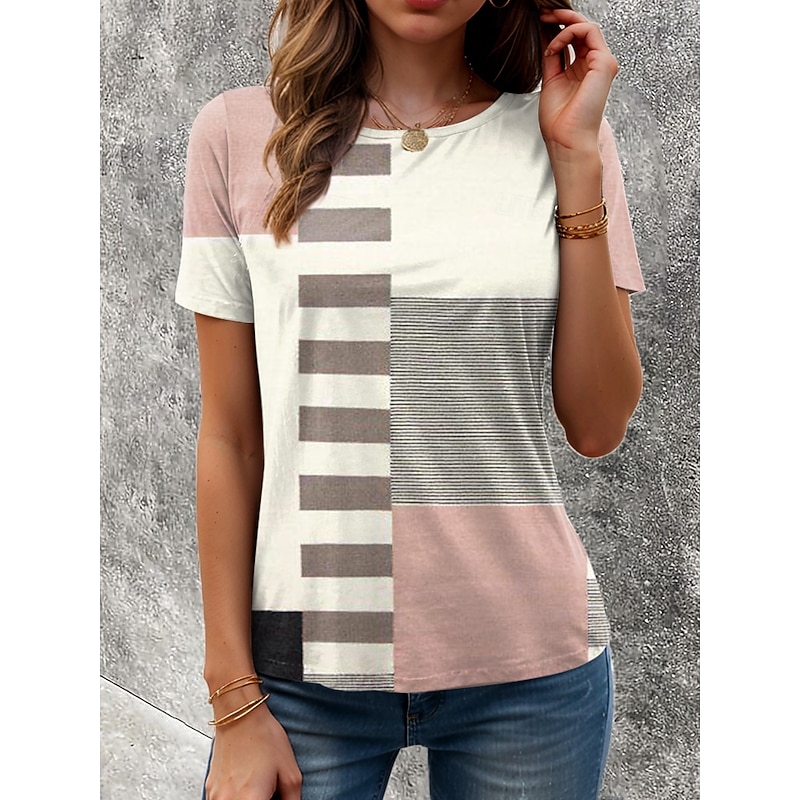 Women's T Shirt Graphic Geometric Geometry Vintage Stylish Classic Short Sleeve Crew Neck Round Neck Regular Tops Daily Print Dusty Rose Summer Spring