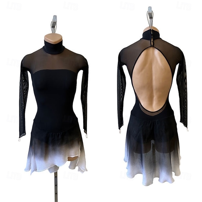 Figure Skating Dress Women's Girls' Ice Skating Dress Black Light Grey Patchwork Open Back Mesh High Elasticity Training Competition Skating Wear Classic Crystal / Rhinestone Long Sleeve Ice Skating