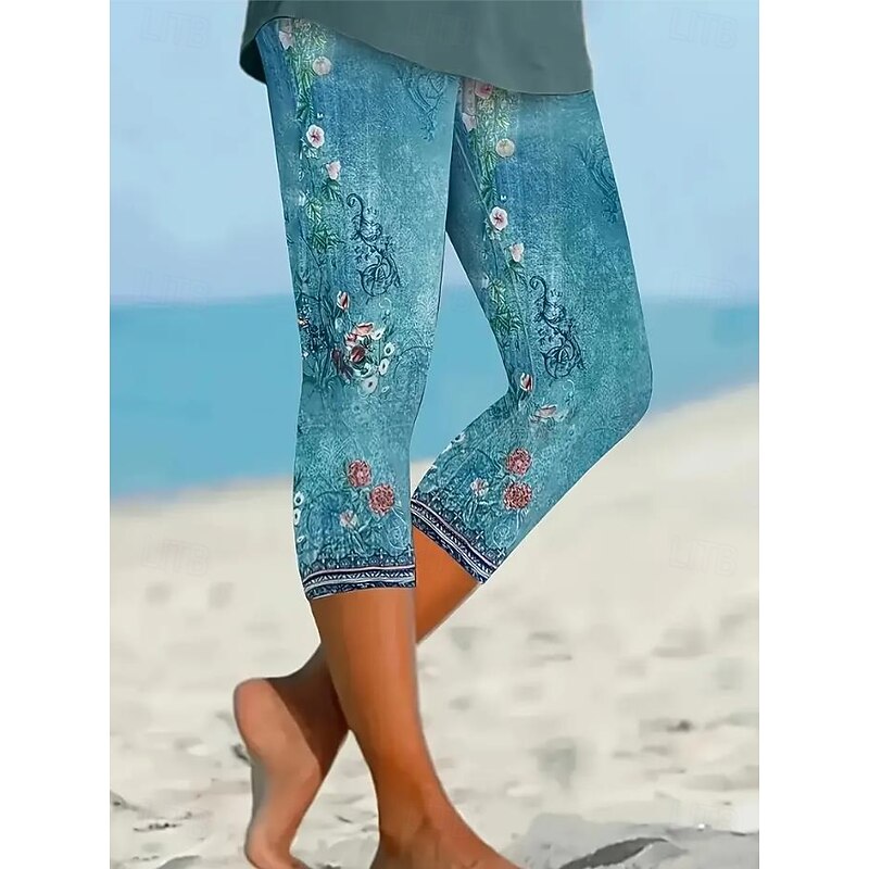 Women's Leggings Vacation Vintage Fashion Calf-Length High Waist Floral Graphic Printing Thermal Warm Breathable Soft Stretchy Outdoor Vacation Street Lake blue Robin's Egg Blue Green ash-colored4