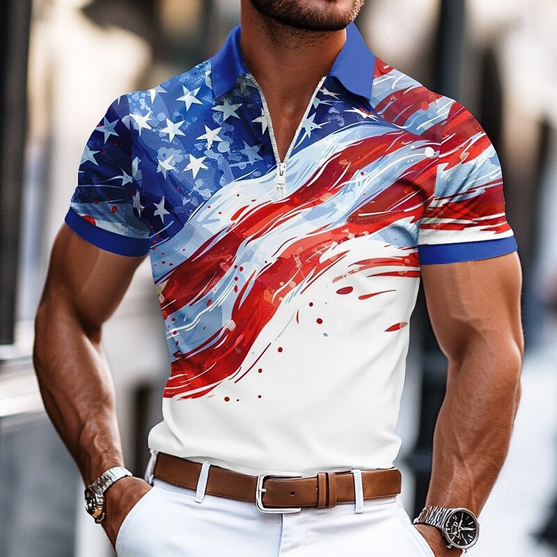 Independence Day Men's American US Flag Zip Polo Short Sleeve Turndown Casual / Sporty Casual Daily Festival Zipper 3D Print Summer Robin's Egg Blue