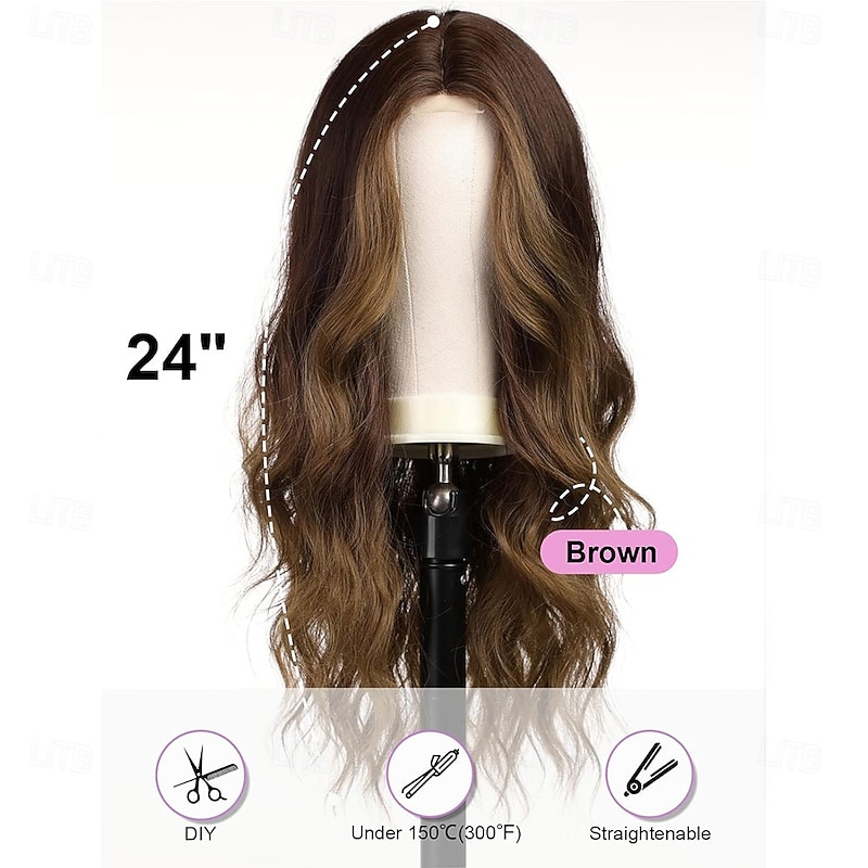 Long Wavy Brown Wigs for Women Heat Resistant Wig with Middle Parting for Daily4
