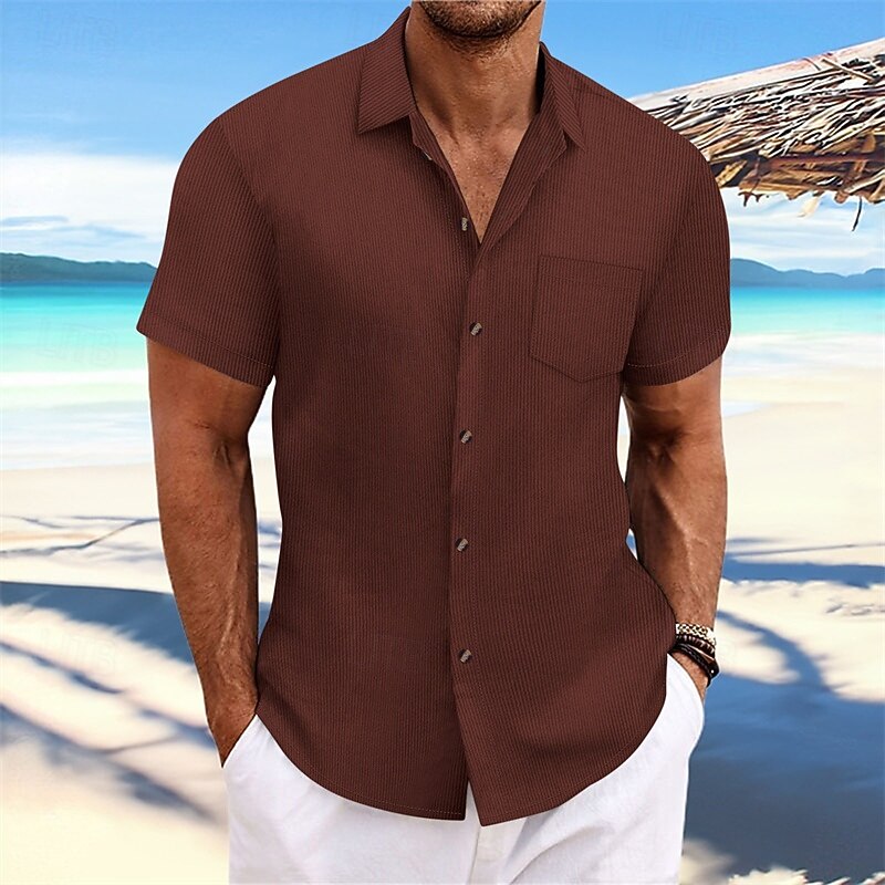 Men's Shirt Summer Shirt Casual Shirt Beach Shirt Button Up Shirt Black Navy Blue Blue Dark Green Brown Short Sleeve Plain Lapel Vacation Hawaiian Jacquard Clothing Apparel Polyester Fashion Casual4