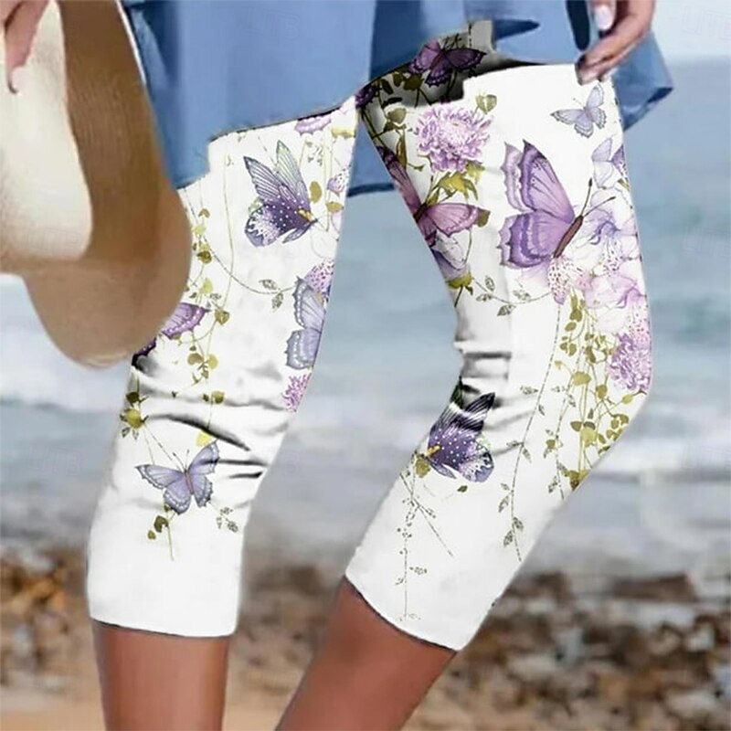 Women's Capri Pants Leggings Vacation Vintage Fashion Capris High Waist Graphic Leaf Gradient Printing Soft Breathable Stretchy Outdoor Vacation Street Gray Green Violet Light Blue Coffee Summer3