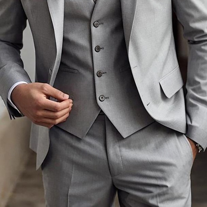 Men's Wedding Suits Peak Light Grey Daily Business Solid Colored Plus Size 3 Piece Single Breasted Two-buttons4