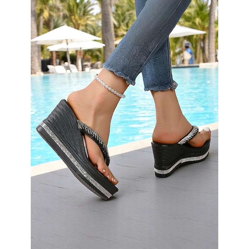 Women's Rhinestone Platform Flip Flop Sandals – Glitter Wedge Beach Shoes for Summer Vacation, Poolside, and Casual Outings4