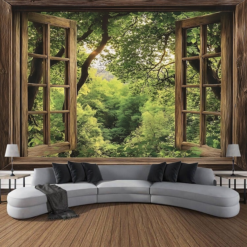 Window Forest Landscape Tapestry Decorative Art Carpet Curtain Hanging Home Bedroom Living Room Decoration4