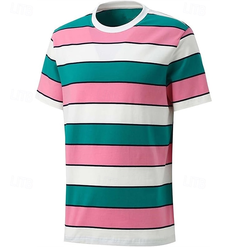 Men's T Shirt Tee Short Sleeve Shirt Tee Top Short Sleeve Crew Neck Summer Stripes Fashion Designer Basic Patchwork Vacation Street Going out Pink Blue Dark Green Top Tee for Men