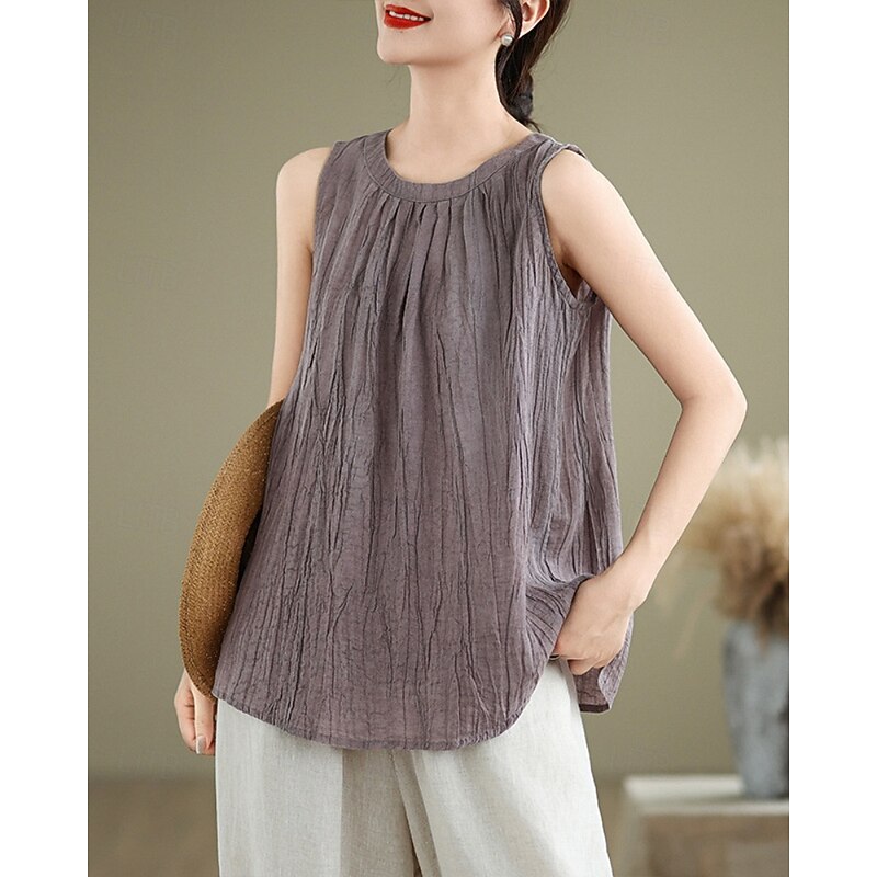 Women's Cotton Linen Shirts Plain Modern Casual Sleeveless Crew Neck Regular Tops Holiday Going out White Pink Navy Blue Purple Khaki Summer