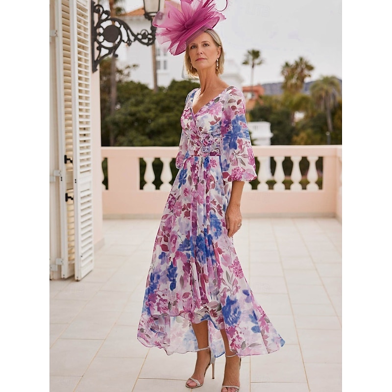 Floral Dress Mother of the Bride Dress Elegant Vintage V Neck Asymmetrical Chiffon 3/4 Length Sleeve with Lace Appliques Flower Race Day Dress Wedding Guest Dress