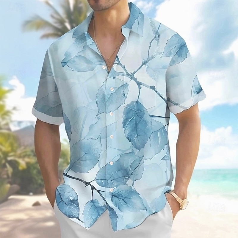 Men's Plants Tropical Leaf Summer Hawaiian Shirt Button Up Shirt Aloha Shirt Short Sleeve Hawaiian Holiday Beach Wear Summer Spring Turndown 3D Print Collared Shirts Front One Pocket Blue Green