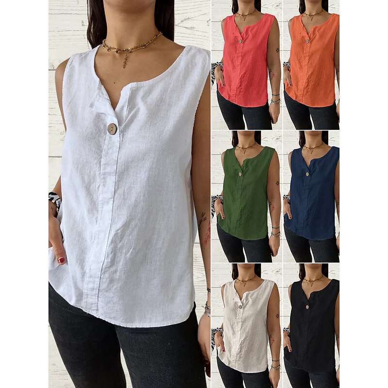 Women's Camisole Tank Top Solid Color Plain Basic Sleeveless V Neck Regular Tops Holiday Buttons White Army Green Red Beige Summer Spring