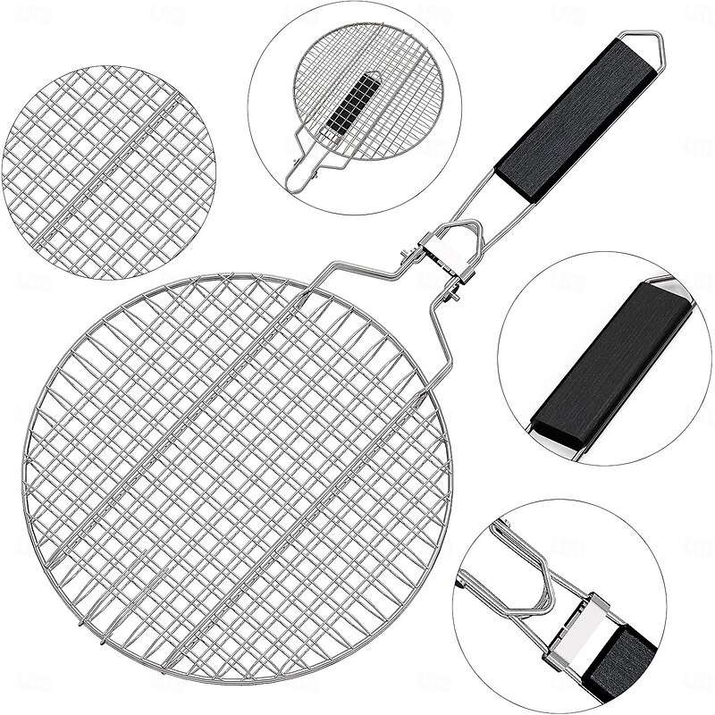 Round Portable BBQ Grill Basket, Stainless Steel Fish Grill Rack with Removable Secure Locking Handle, Grill Accessories for Outdoor Grill Vegetables Fishes Shrimp3