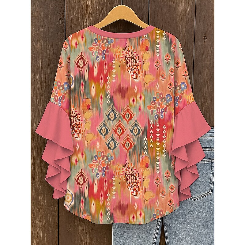 Women's Retro Blouse Layered Ruffle Sleeve Tops Vintage Graphic Geometric Bohemia Vintage Daily 3/4 Length Sleeve Regular Tops Daily Holiday Vacation Wear Print Yellow Pink Blue Purple Green2