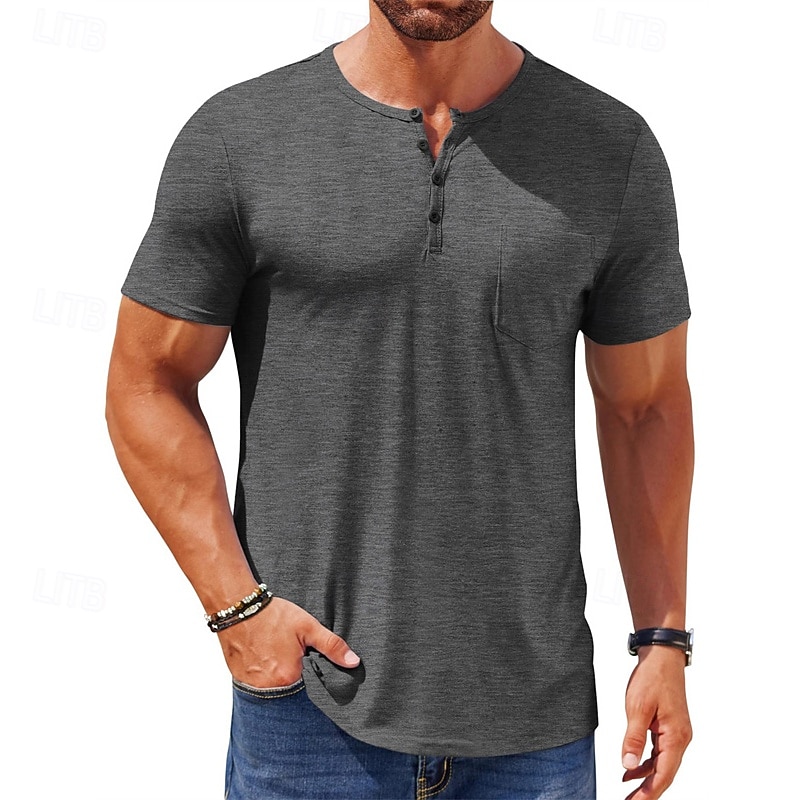 Men's T Shirt Henley Shirt Tee Short Sleeve Shirt Short Sleeve Henley Summer Color Block Fashion Designer Basic Buttons Vacation Street Going out Black White Blue Top Tee for Men4