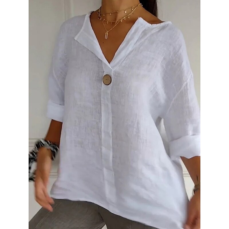 Women's Cotton Linen Shirts Solid Color Daily Modern Long Sleeve V Neck Regular Tops Daily Holiday Buttons Black White Red Navy Blue Green Summer
