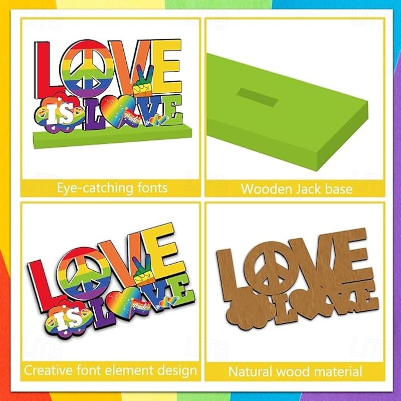 4 Pieces Pride Decorative Wooden Table Centerpieces, Love Is Love Table Decorations for Pride Month, Rainbow Theme LGBTQ Party Supplies, Perfect for Pride Celebration and Party Decor2