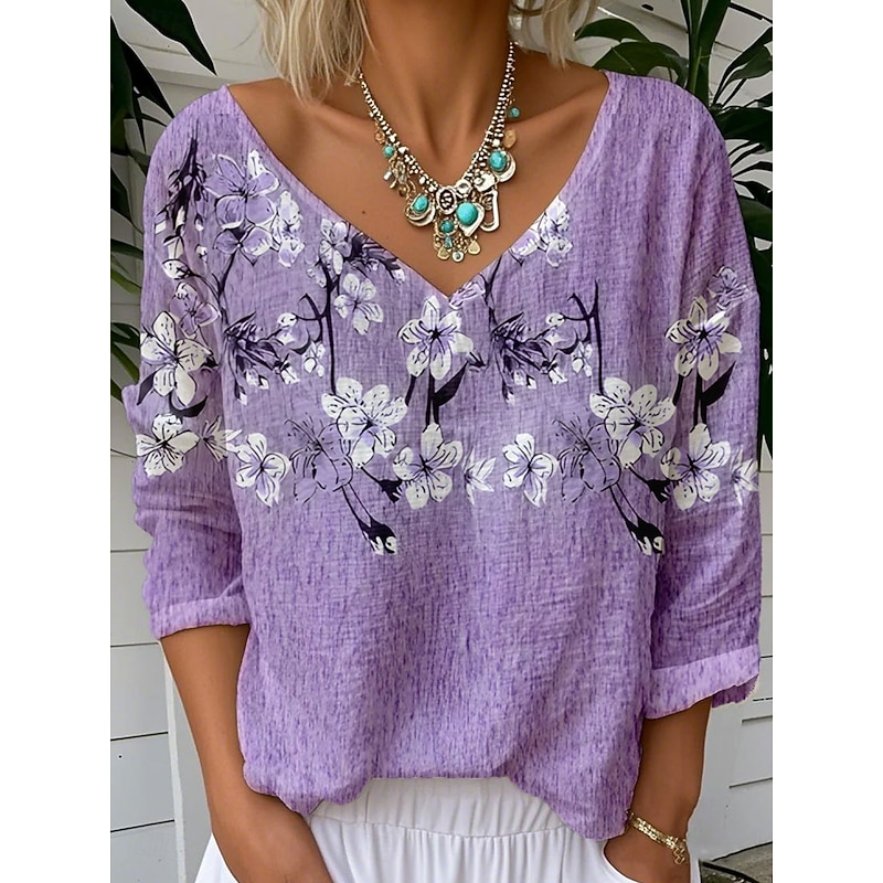 Women's Blouse Floral Graphic Stylish Casual 3/4 Length Sleeve V Neck Regular Tops Daily Blue Purple Khaki Summer Spring3