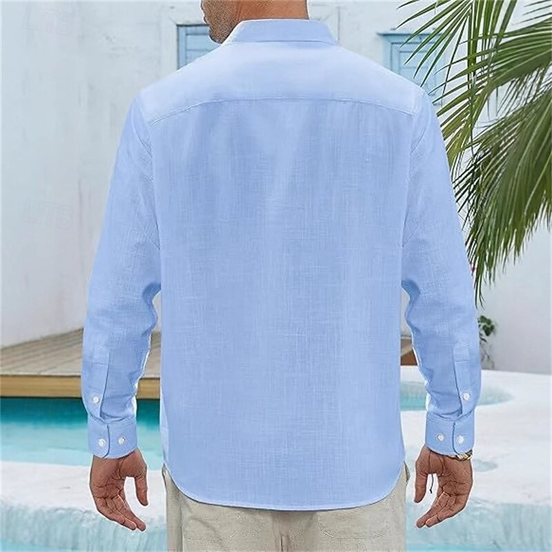 Men's Shirt Linen Shirt Casual Shirt Button Up Shirt Cotton Shirt Plain Vacation Hawaiian White Navy Blue Sky Blue Khaki Long Sleeve Lapel Spring Fall Clothing Apparel Pocket3