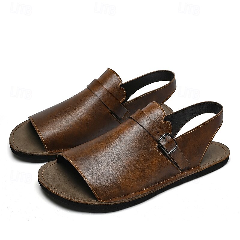 Men's Brown Faux Leather Slingback Sandals with Adjustable Buckle - Versatile Footwear for Outdoor and Casual Wear2