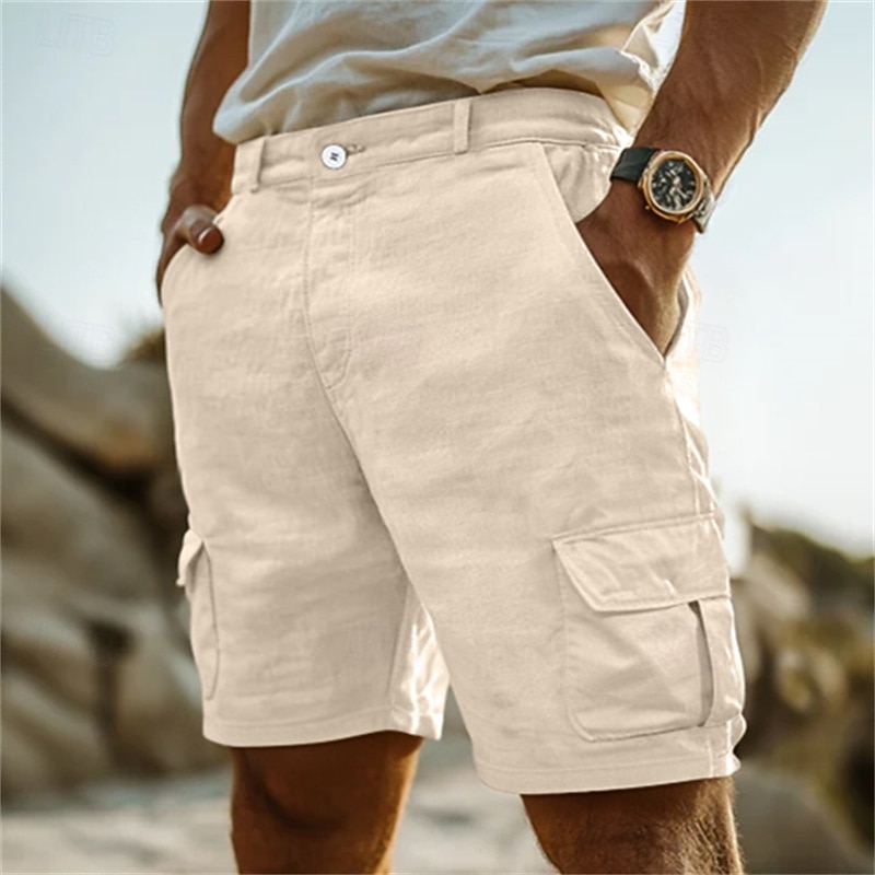 Men's Cargo Shorts Linen Shorts Summer Shorts Beach Shorts Multi Pocket Straight Leg Plain Comfort Breathable Knee Length Outdoor Casual Daily Classic Style Retro Vintage White Navy Blue3