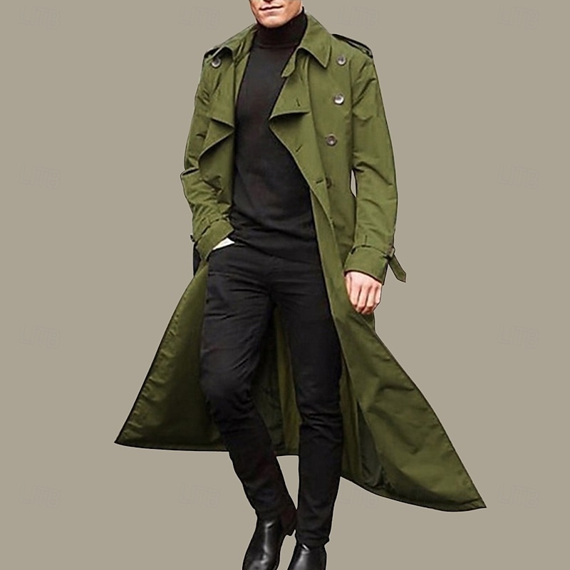 Men's Transition Jacket Trench Coat Going out All Seasons Polyester Windproof Outerwear Clothing Apparel Classic Plain Pocket Lapel Double Breasted3