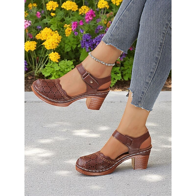 Women's Cutout Faux Leather Block Heel Sandals with Adjustable Strap – Comfort Shoes for Daily Commute, Garden Party, Farmers Market & Boho Summer Outings2