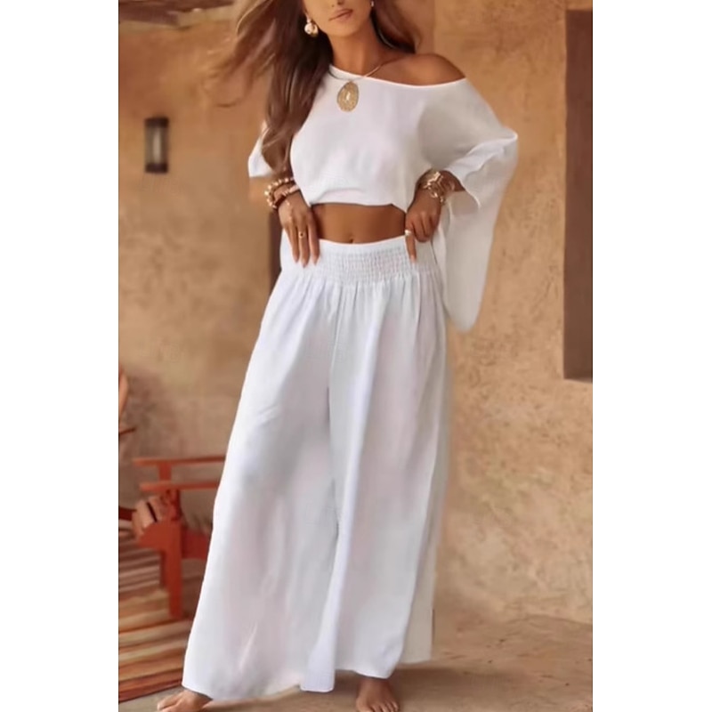 Women's Streetwear Basic Cotton Linen Sets Half Sleeve Crew Neck Solid Color Daily Wear Black White Red Summer Regular Fit3