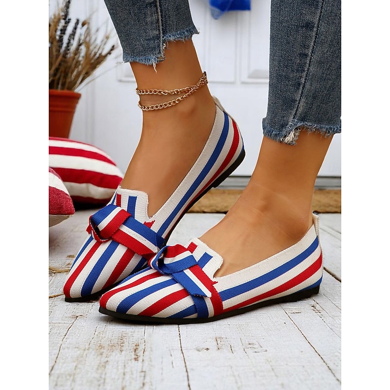 Women's Patriotic Knit Flats – Pointed Toe Flat Shoes with Bow Detail for Independence Day, Summer Picnics & Casual Wear3