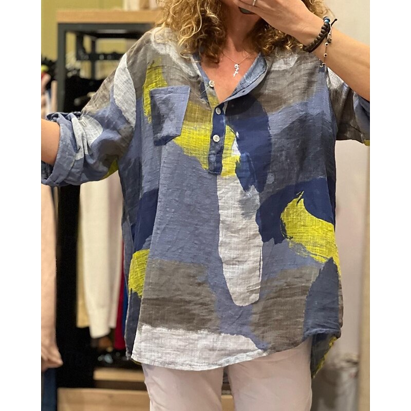Women's Shirt Cotton Linen Shirts Blouse Color Block Modern Casual Long Sleeve Shirt Collar Regular Tops Daily Going out Print Yellow Red Fuchsia Green Light Grey Summer