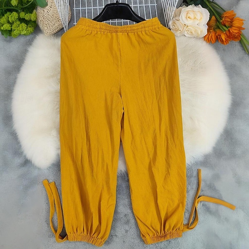 Women's Cotton Linen Pants Slacks Fashion Streetwear Full Length Natural Plain Pocket Elastic Drawstring Design Outdoor Comfortable Street Going out Ginger Summer Regular Fit3