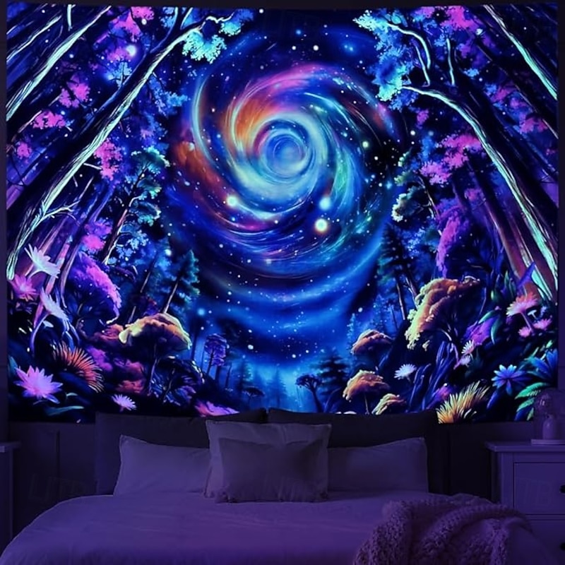 Blacklight Tapestry Glow in the Dark Glow Party UV Reactive Sky Universe Trippy Misty Forest Nature Landscape Hanging Tapestry Wall Art Mural for Living Room Bedroom3