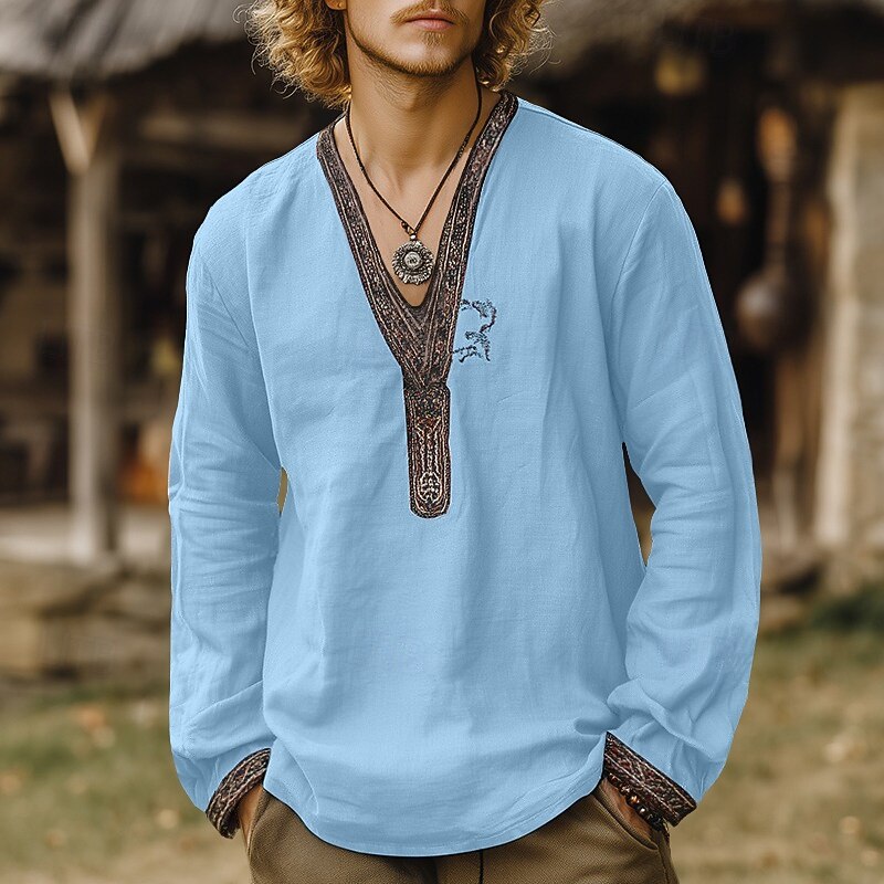 Men's Shirt Linen Shirt Popover Shirt Summer Shirt Retro Shirts Vintage Shirt Solid Color Vacation Street White Sky Blue Green Long Sleeve V Neck Summer Spring Clothing Apparel4