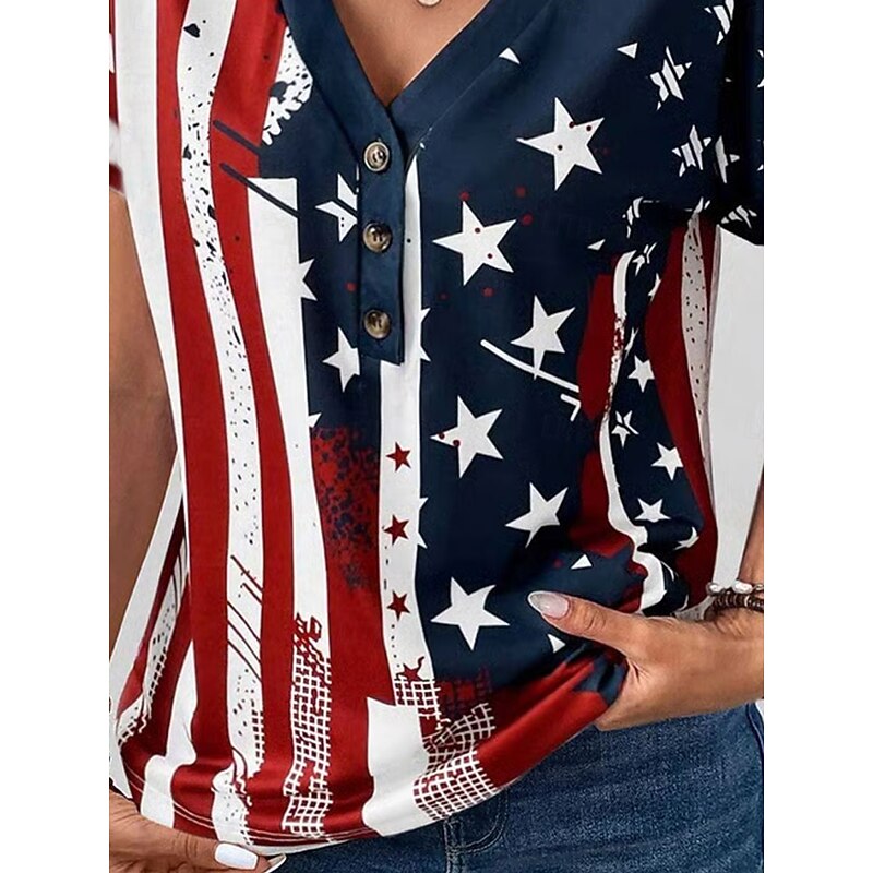 Women's Patriotic  T Shirt Graphic American Flag Vintage Stylish Casual Short Sleeve V Neck Regular Tops Daily Weekend Print Blue Summer3