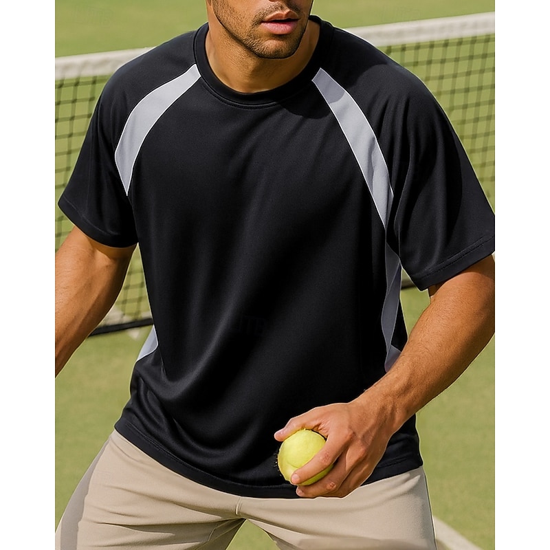 Men's Patchwork Tennis Tee Short Sleeves Contrast Binding Sweat-Wicking Moisture Wicking Breathable Tennis Golf Pickleball Crew Neck Black+Blue Grey Tennis Clothing4