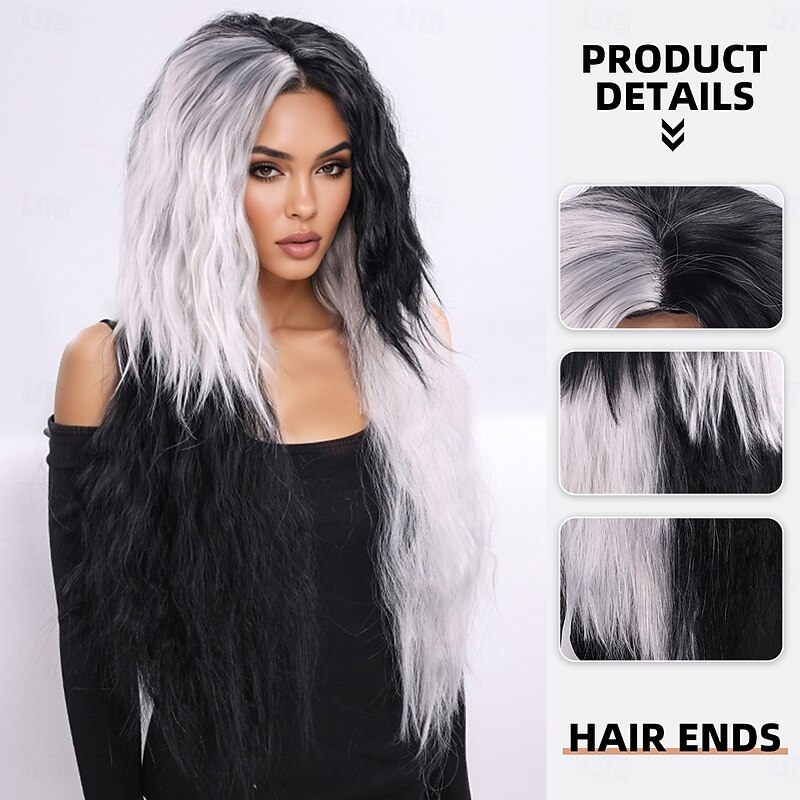 Synthetic Wig Curly Weave Micro Locs Layered Haircut With Bangs Machine Made Wig Long 28 inch A1 Synthetic Hair Women's Classic Comfortable Color Gradient Black White2