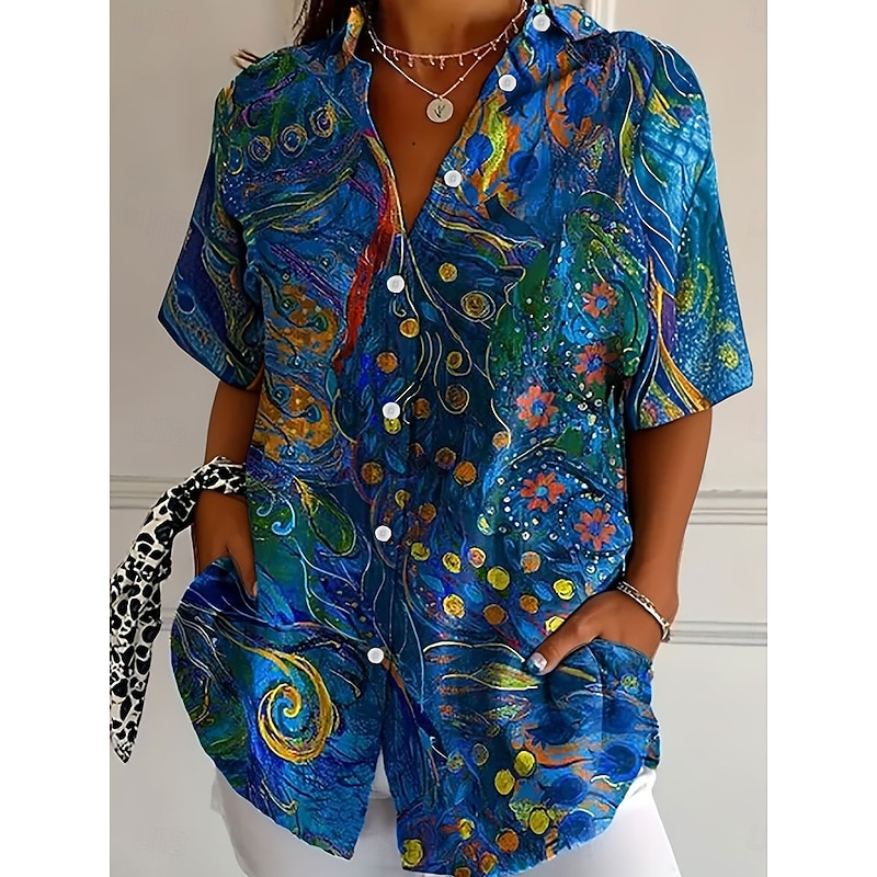 Women's Shirt Long Sleeve Button Down Blouse Floral Graphic Daily Casual Short Sleeve Shirt Collar Regular Tops Daily Blue Summer Spring