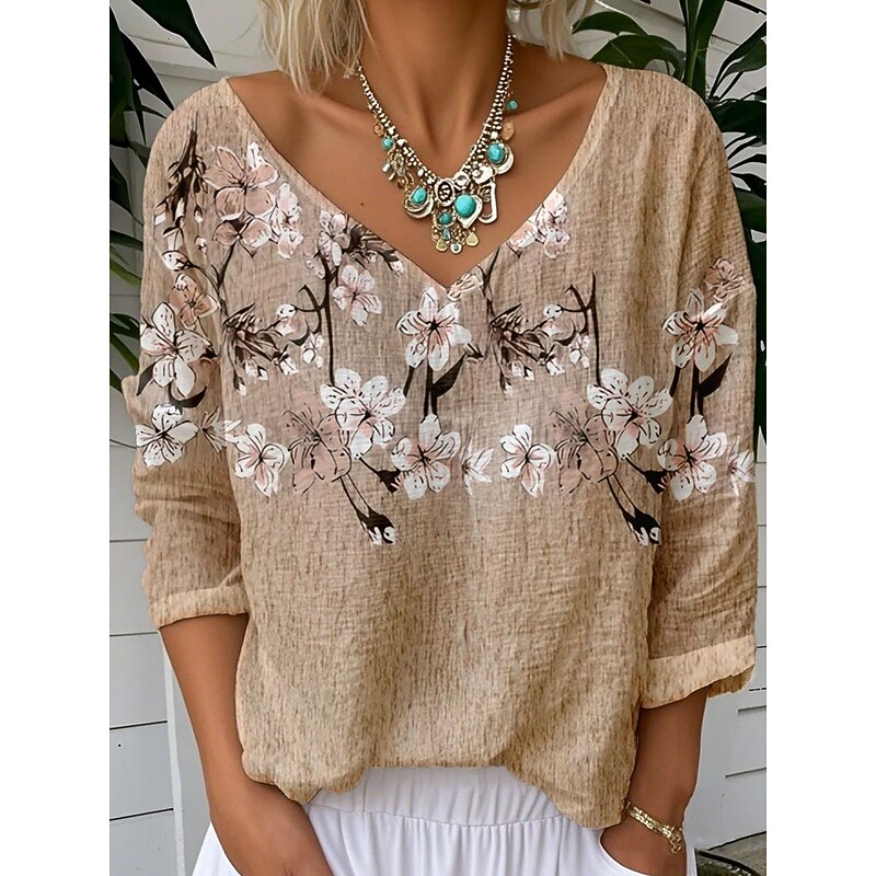 Women's Blouse Floral Graphic Stylish Casual 3/4 Length Sleeve V Neck Regular Tops Daily Blue Purple Khaki Summer Spring2